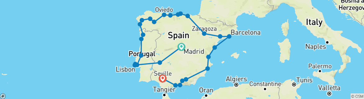 Image of a map showing the route of the tour