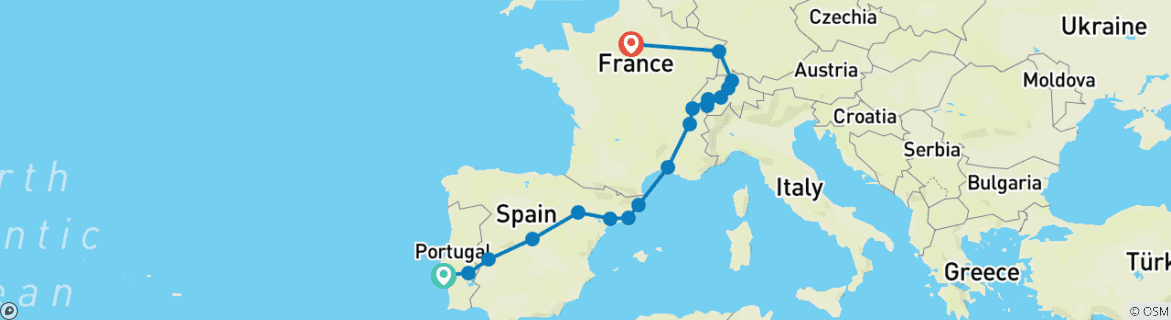 Image of a map showing the route of the tour