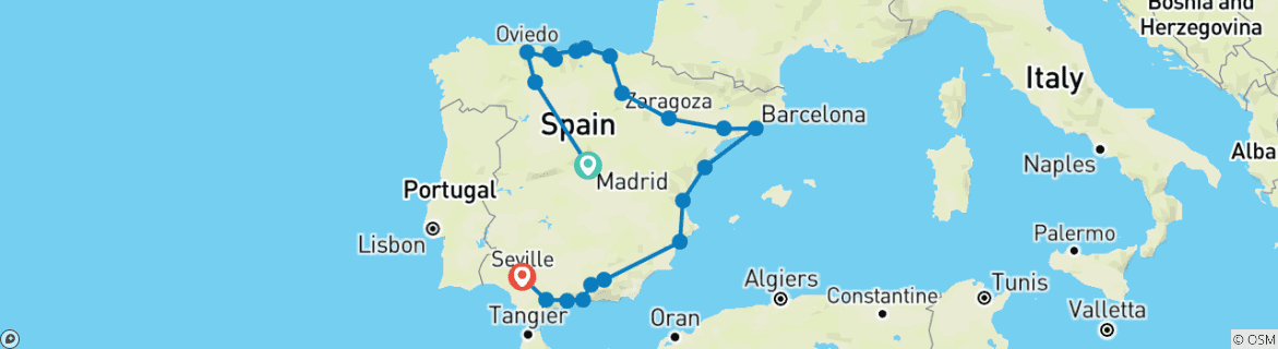 Image of a map showing the route of the tour