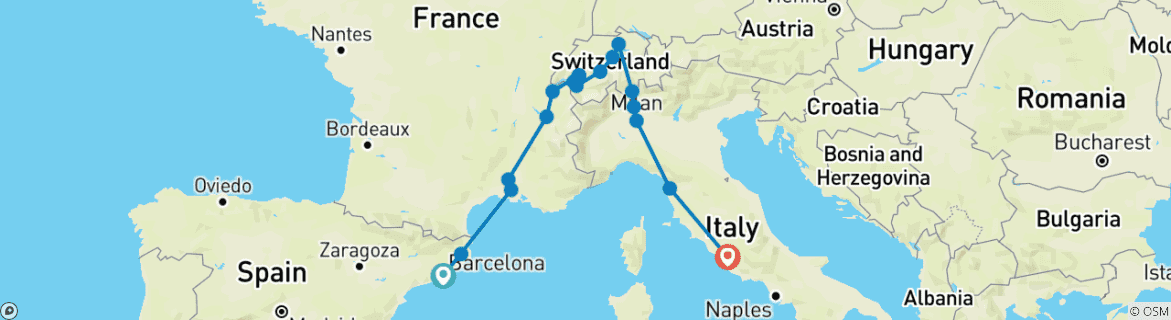 Kaart van Spanje, Zwitserland & Rome