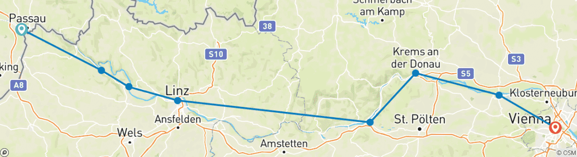 Map of Passau to Vienna Cycling