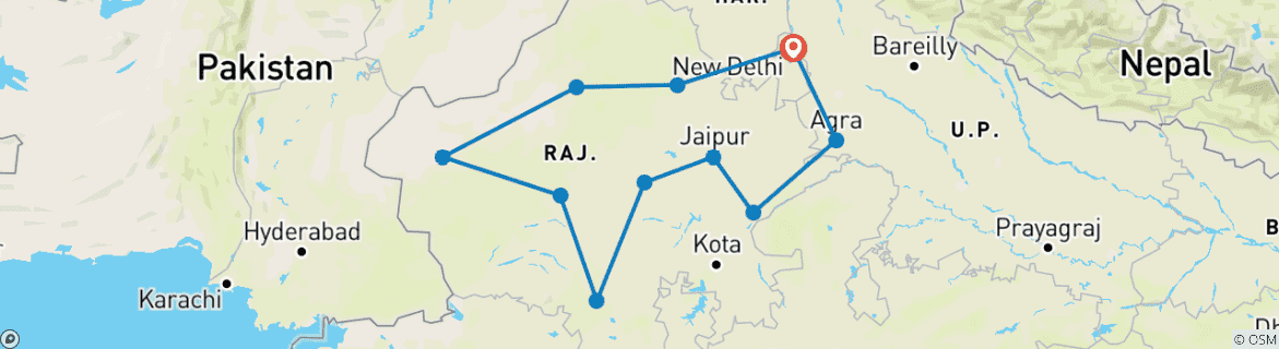 Map of 14 day Essence of India Luxury tour