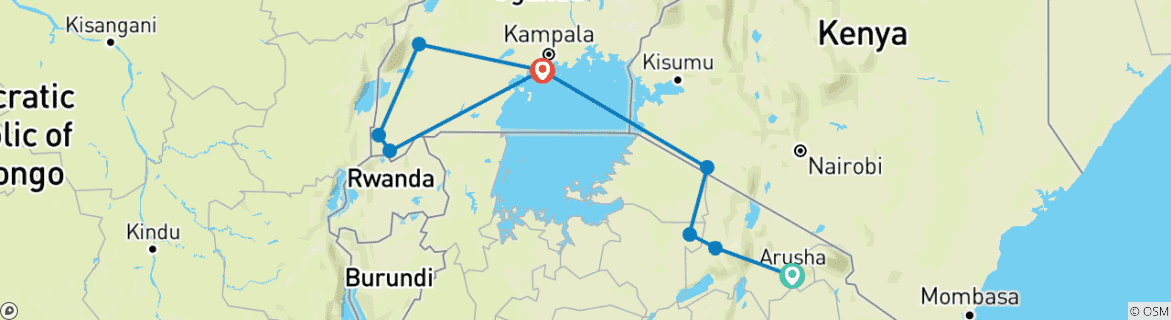 Image of a map showing the route of the tour