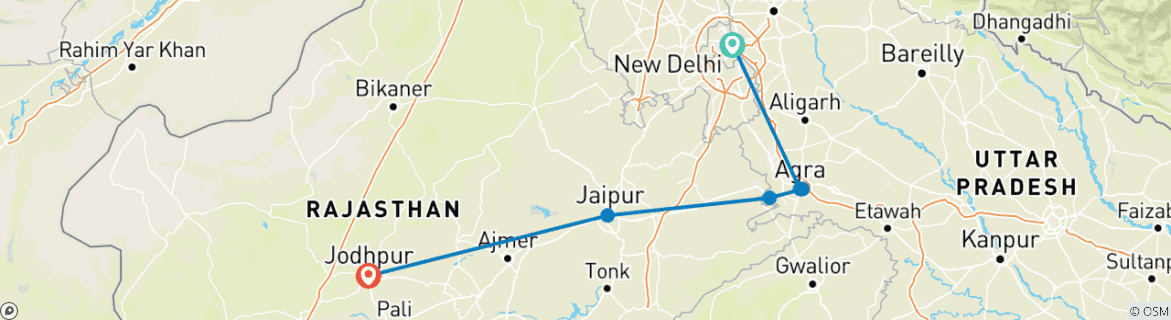 Map of Unforgettable 7 Day Guided Golden Triangle Tour of India