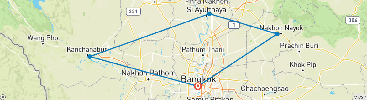 Map of Central Thailand Highlights in a Loop 3 Days, Small Group Tour (English Only)