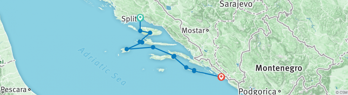 Image of a map showing the route of the tour