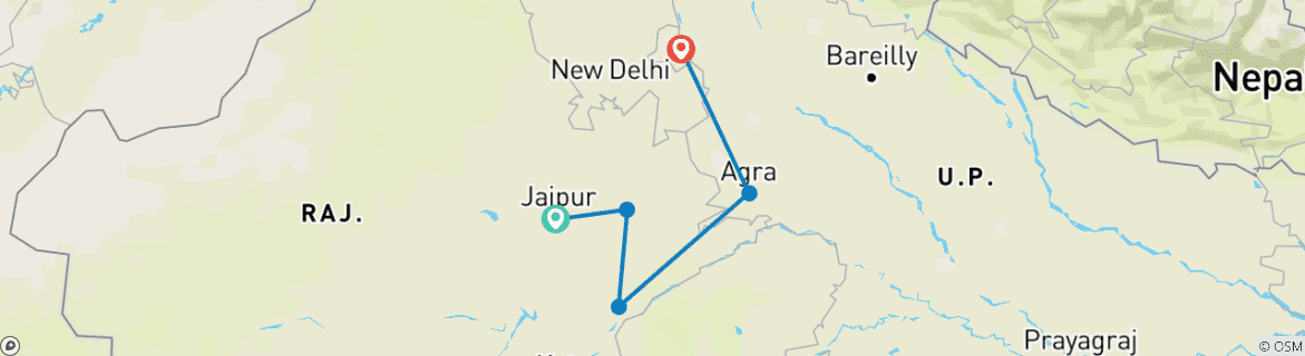 Mapa de Safari al Tigre y Agra Taj Mahal circuito inicia en Jaipur y termina en Delhi - 3 días 2 noches