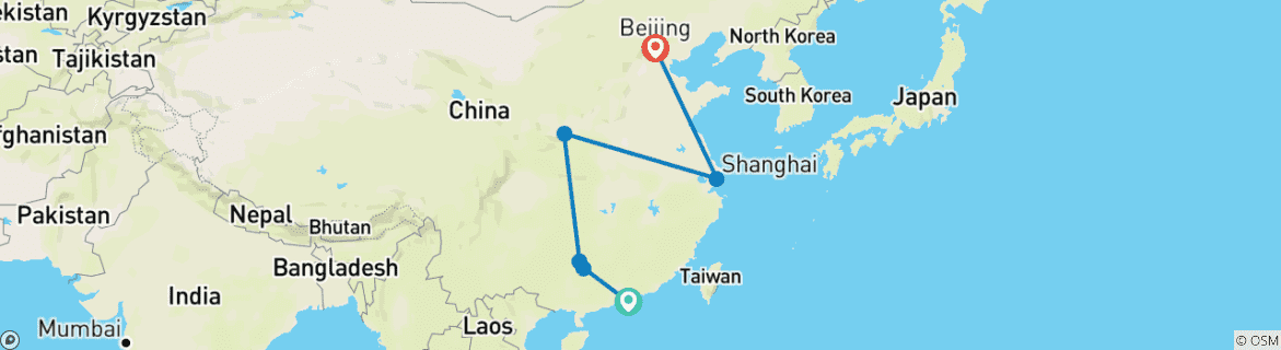 Map of China Holiday 10Days: Hong Kong, Yangshuo,  Shanghai, Xian, and Beijing