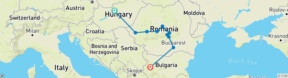 Map of 6 Days From Budapest to Sofia with Transylvania