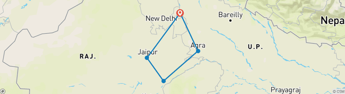 Mapa de Triángulo de oro con tigres de Ranthambore - circuito Delhi Agra Jaipur Ranthambore