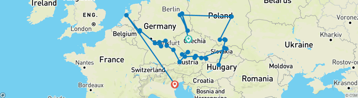 Image of a map showing the route of the tour