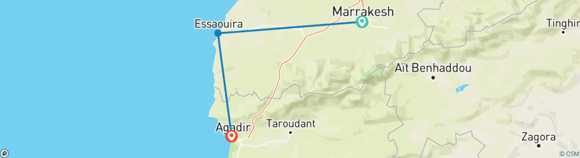 Carte du circuit Marrakech, Essaouira et Agadir, visite privée