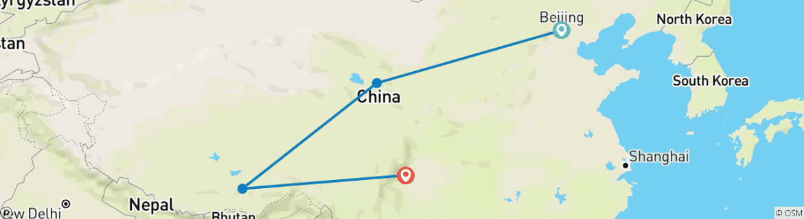 Map of Tibet Express by Plateau Train: Beijing, Xining, Lhasa, and Chengdu 8 Days