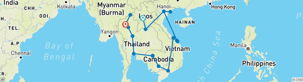 Kaart van Laos - Vietnam - Cambodja & Thailand Ontdekkingstocht 21 dagen