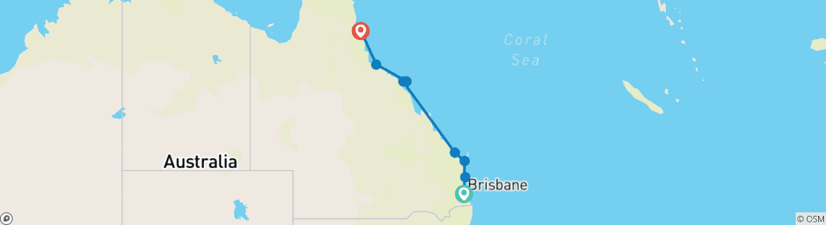 Kaart van Van Brisbane naar Cairns – avontuurlijke rondreis Dingo – 15 dagen