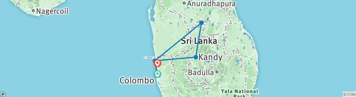 Mapa de Circuito de 7 días por la cultura y el patrimonio de Sri Lanka