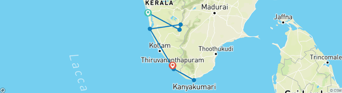 Kaart van Luxe Tocht langs de Backwaters van Kerala met Exotische Stranden