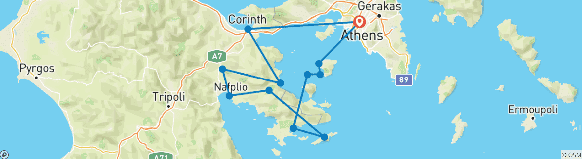 Map of Saronic island hopping + Peloponnese