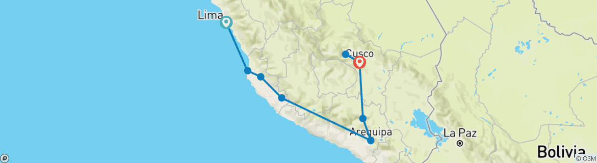 Map of 10 days Peru Southeast to Mountain: Lima, Paracas, Nazca, Arequipa, Cusco