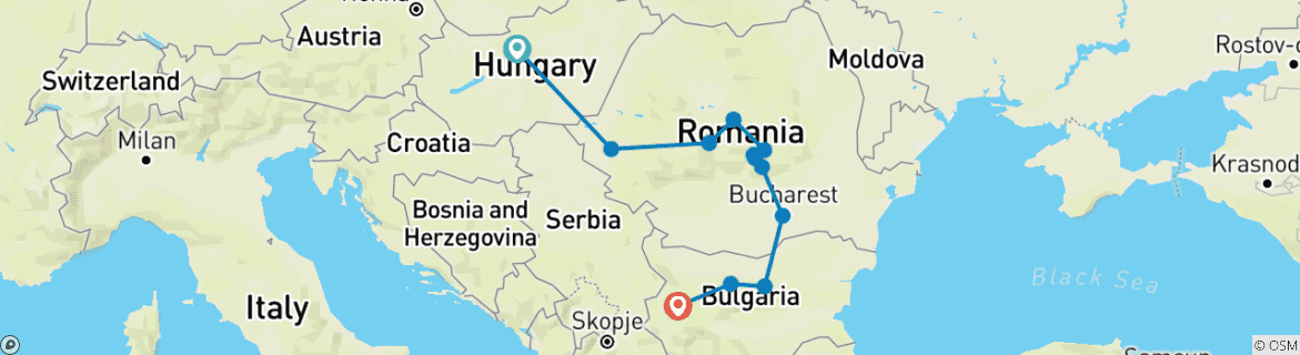 Mapa de Excursión de 6 días de Budapest a Sofía con Transilvania