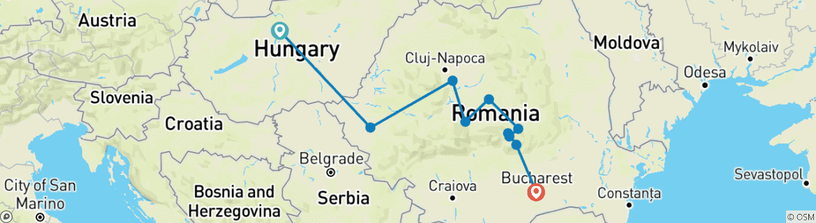 Map of 7 Days Romania's Highlights from Budapest to Bucharest