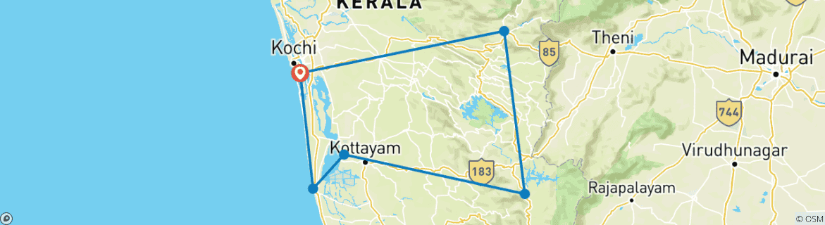 Carte du circuit Kochi : Voyage de 7 jours dans le sud de l'Inde