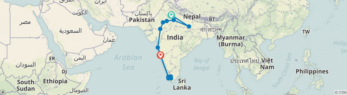 Carte du circuit Découvrez le nord et le sud de l'Inde