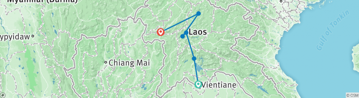 Kaart van Laos Thailand Overland Tour van Vientiane naar Luang Prabang, Nong Khiow, Oudomxay, Pakbeng, Houeisay