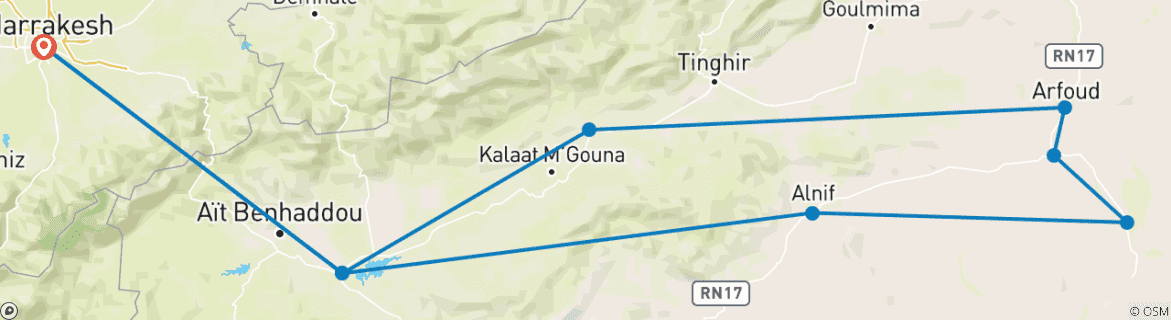 Mapa de Circuito de 3 días al Desierto del Sáhara desde Marrakech