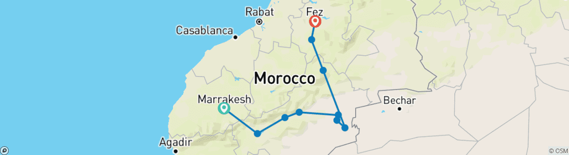 Mapa de Excursión de 3 días por el desierto del Sáhara de Marrakech a Fez