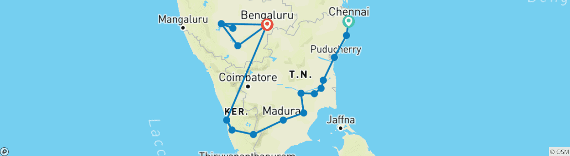 Image of a map showing the route of the tour