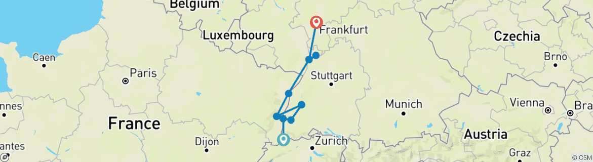 Image of a map showing the route of the tour