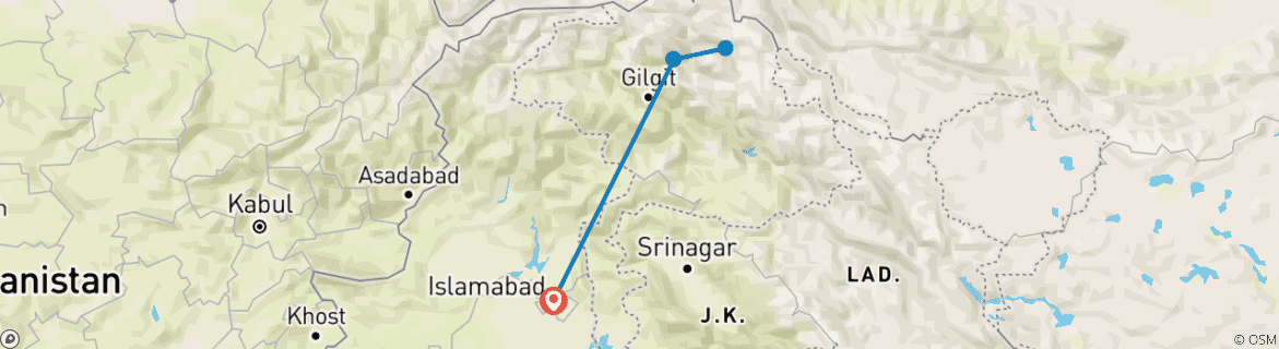 Image of a map showing the route of the tour