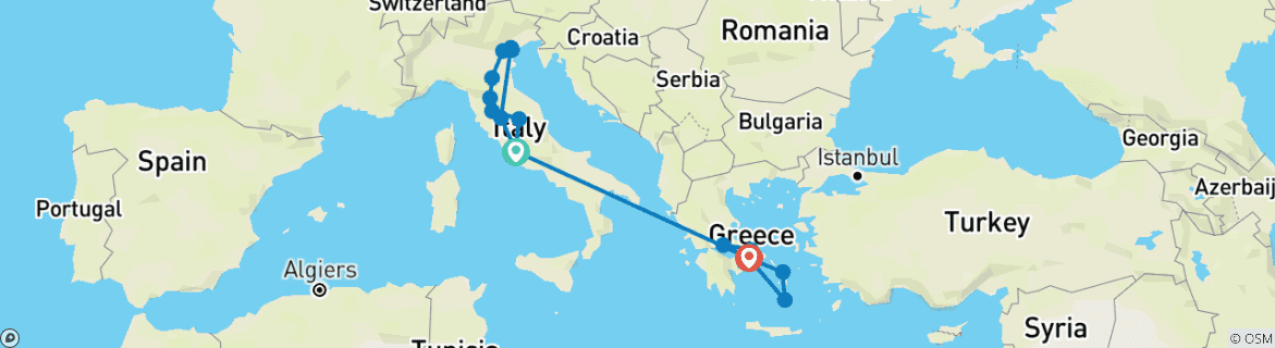 Map of Italy and Greece Highlights with Island Hopping