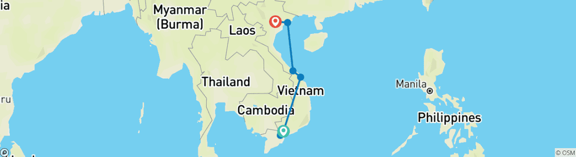 Map of Highlight of Vietnam 10 Days Tour (From Saigon to Hanoi)