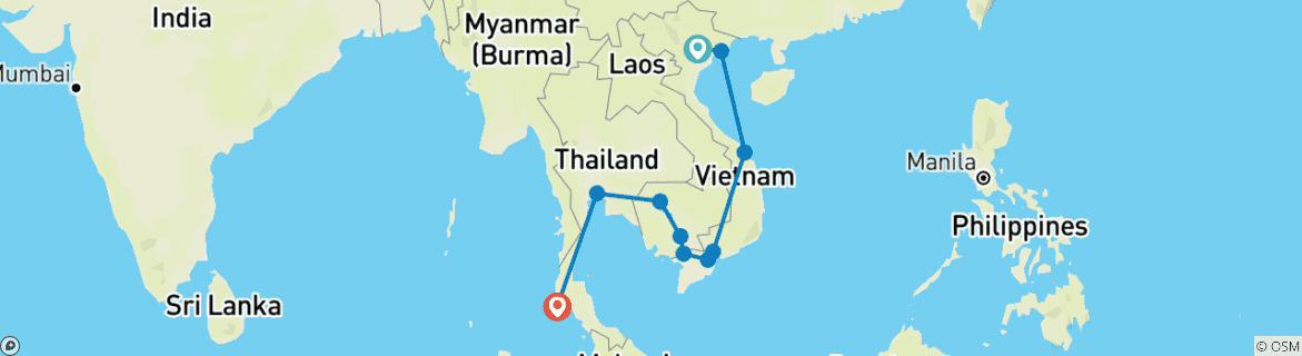 Mapa de Lo mejor de Vietnam, Camboya y Tailandia en 21 días