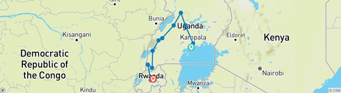 Carte du circuit Rencontre avec les gorilles en Ouganda, faune et flore et visite de la ville de Kigali - circuit privé - 10 jours