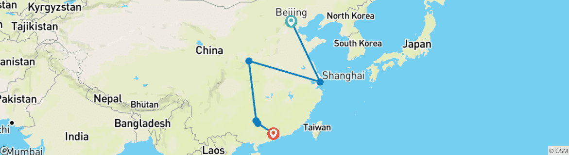 Map of Fabulous China 10 Days: Beijing, Shanghai, Xian, Yangshuo, Guangzhou