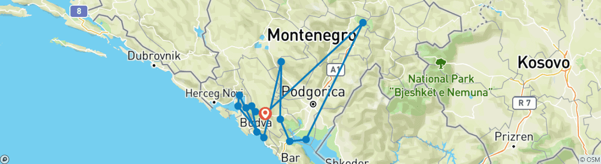 Map of Comfortable Heartland of Montenegro Trip