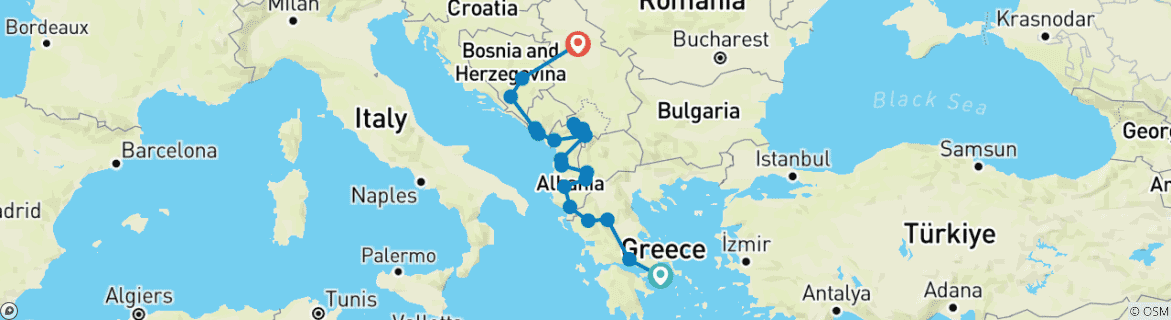 Carte du circuit Circuit semi-privé dans les Balkans ; d'Athènes à Sarajevo ou Belgrade