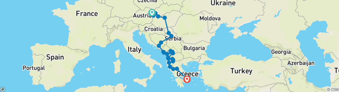 Karte von Halbprivate Tour Mitteleuropa & der Balkan von Wien nach Athen / Korfu