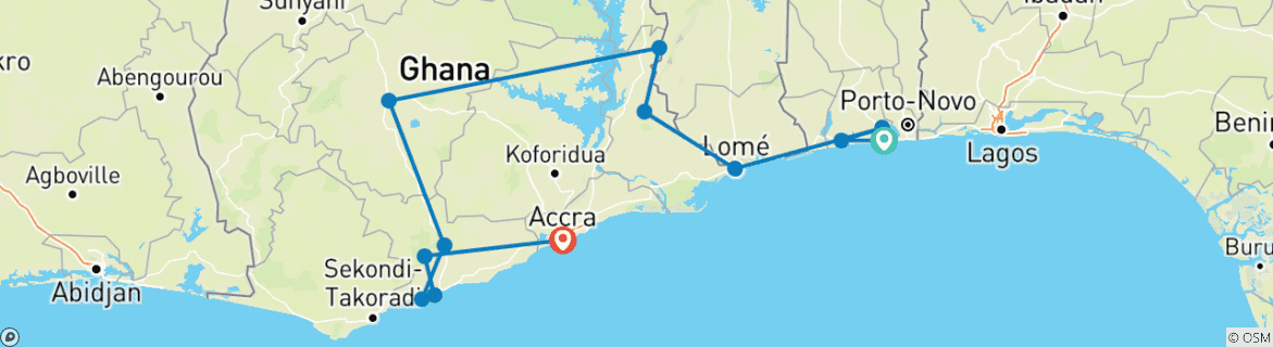 Carte du circuit Explorez le Bénin, le Togo et le Ghana en 14 jours
