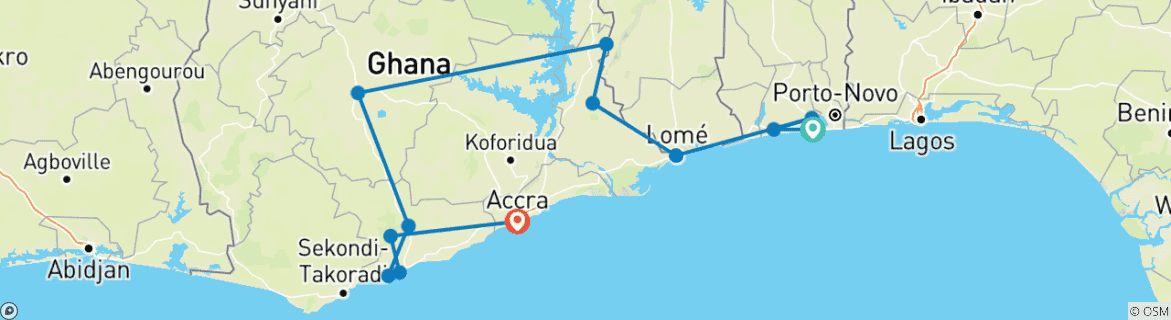 Map of Explore Benin, Togo & Ghana 14-days