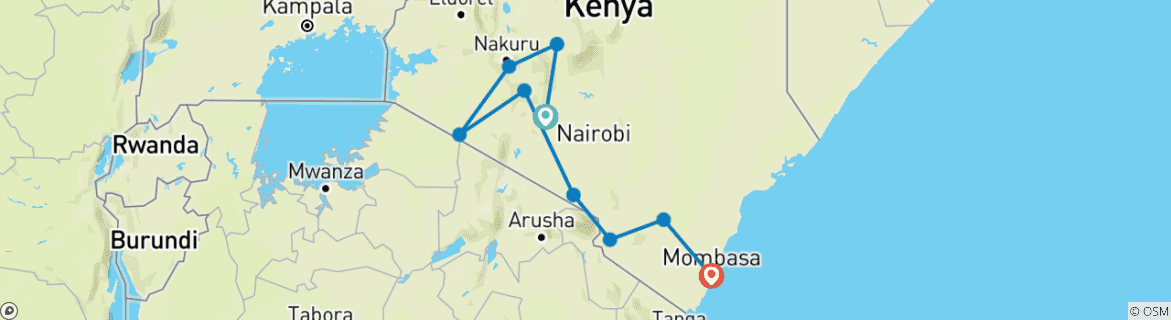 Map of 12 Days Across the Kenya Wilderness Safari