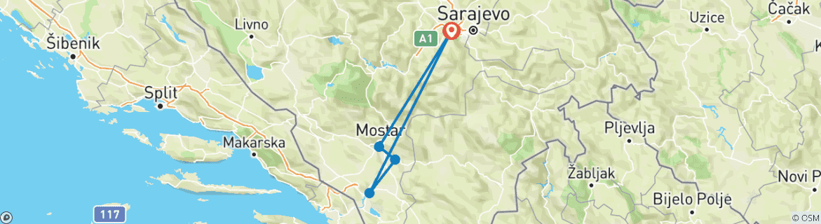 Map of Discover Sarajevo and Bosnia Herzegovina , 4 days Tour