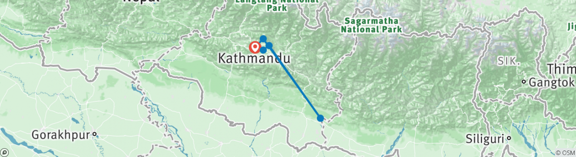 Carte du circuit Trek autour de la vallée de Katmandou avec visite de Bhaktapur