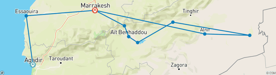 Mapa de Circuito privado de 7 días de Agadir a Marrakech