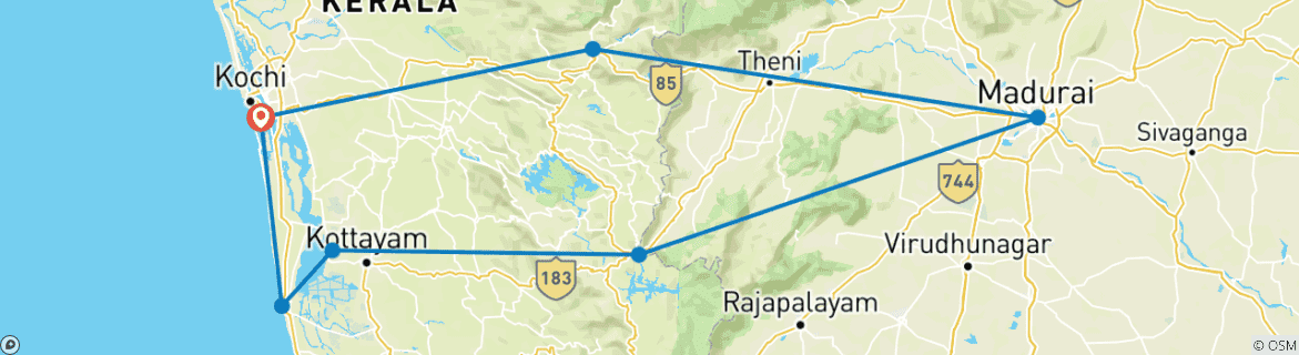 Carte du circuit 10 jours - Circuit romantique des plages et des backwaters du Kerela - Tout compris