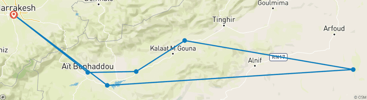 Image of a map showing the route of the tour