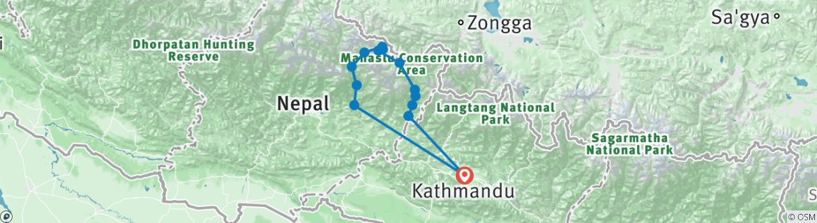 Mapa de Travesía por el circuito del Manaslu (Paso de Larke-La, 5106 m) - Paquete completo de 18 días